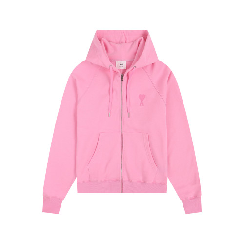 AMI Classic Zipper Logo Hooded Sweater Pink