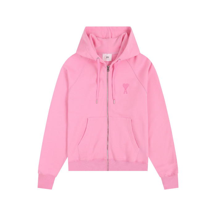AMI Classic Zipper Logo Hooded Sweater Pink
