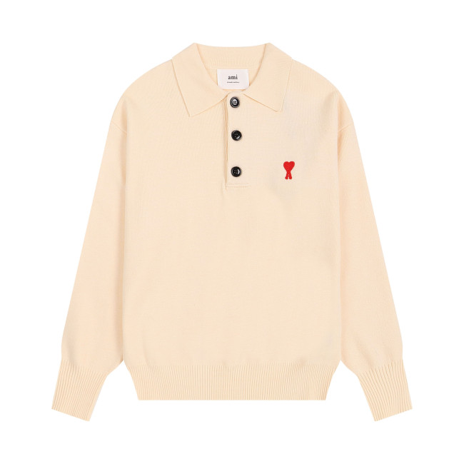 AMI Small Logo Button Polo Sweatshirt Cream