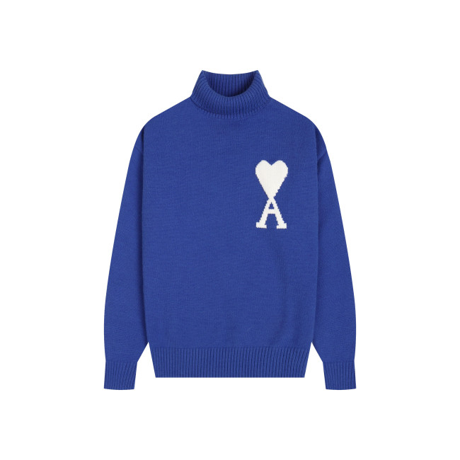 AMI Big Logo Turtleneck Sweater Blue