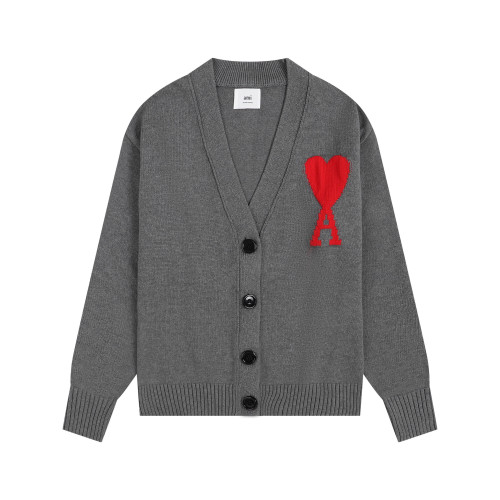 AMI Big Logo V-neck Button Sweater Grey