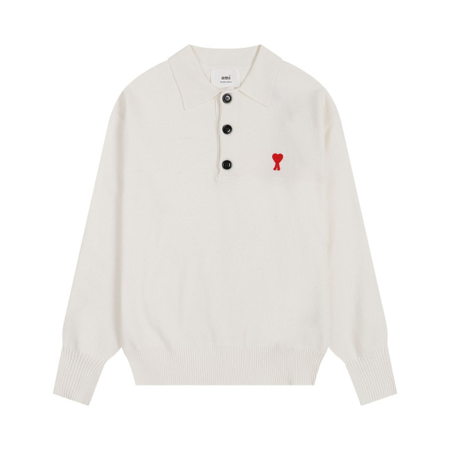 AMI Small Logo Button Polo Sweatshirt Beige