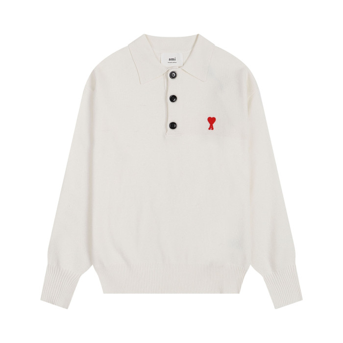 AMI Small Logo Button Polo Sweatshirt Beige