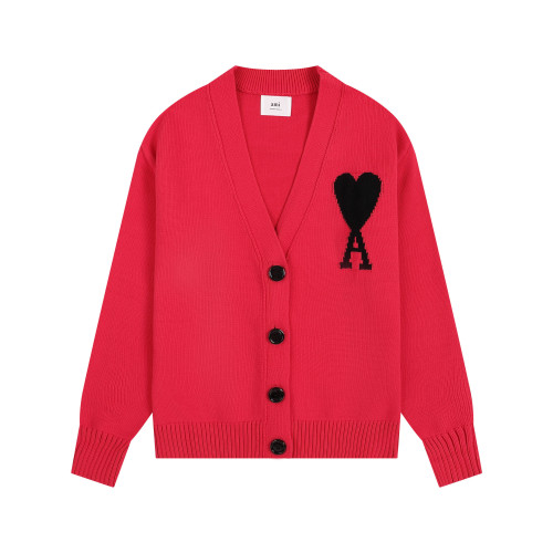 AMI Big Logo V-neck Button Sweater Red