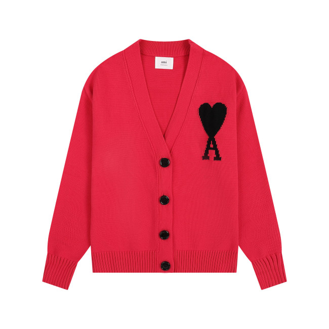 AMI Big Logo V-neck Button Sweater Red