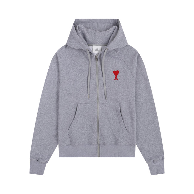 AMI Classic Zipper Logo Hooded Sweater Grey
