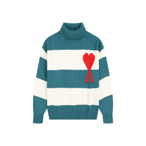 AMI Big Logo Turtleneck Stripe Sweater Cream/Blue