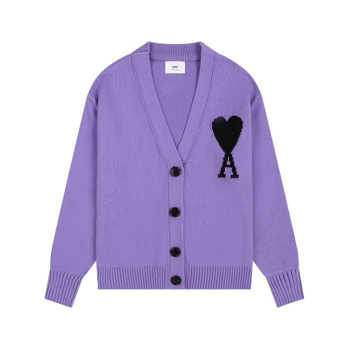 AMI Big Logo V-neck Button Sweater Purple