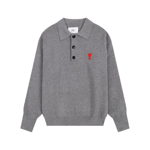 AMI Small Logo Button Polo Sweatshirt Grey