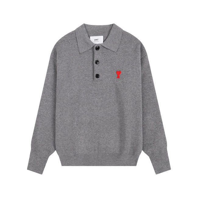 AMI Small Logo Button Polo Sweatshirt Grey