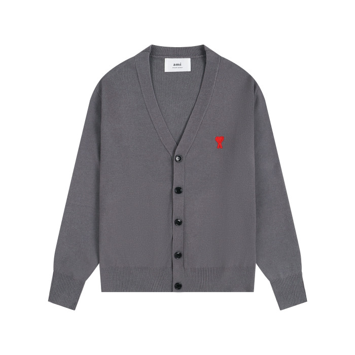 AMI Small Logo V-neck Button Sweater Grey