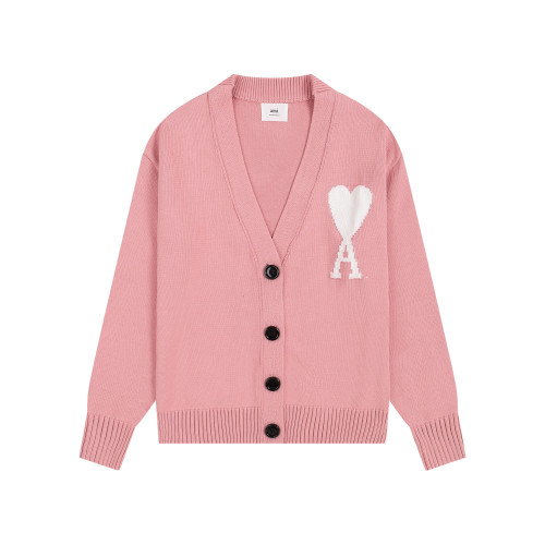 AMI Big Logo V-neck Button Sweater Pink