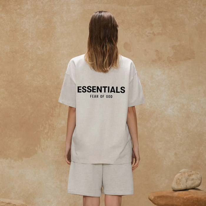 FOG FEAR OF GOD 22 multi-stitched back double row flocking ESSENTIALS letter T-shirt light oatmeal