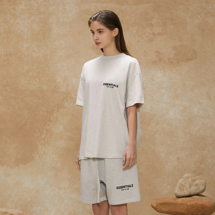 FOG FEAR OF GOD 22 multi-stitched back double row flocking ESSENTIALS letter T-shirt light oatmeal