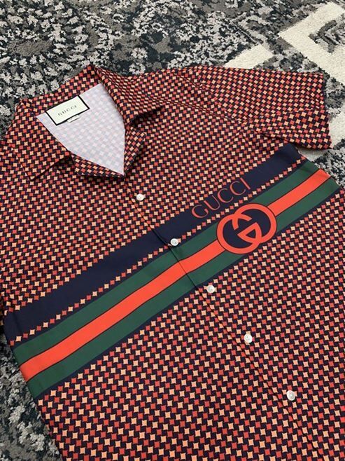 GUCCI GEOMETRIC HOUNDSTOOTH PRINT BOWLING SHIRT – GGS026