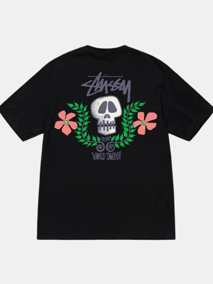 STUSSY FLOWERS SKULL TEE BLACK