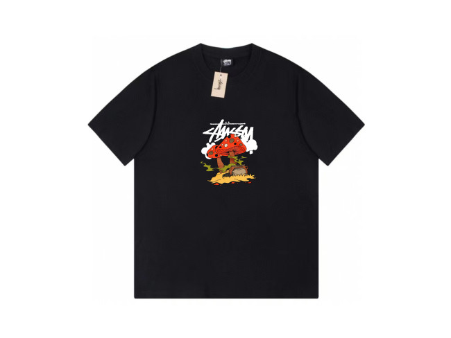 STUSSY CARTOON MAGIC MUSHROOMS PRINT TEE BLACK