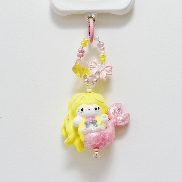 Hand Painted Doll Phone Charm-PINK MERMAID KITTY