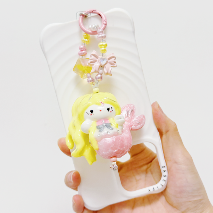 Hand Painted Doll Phone Charm-PINK MERMAID KITTY