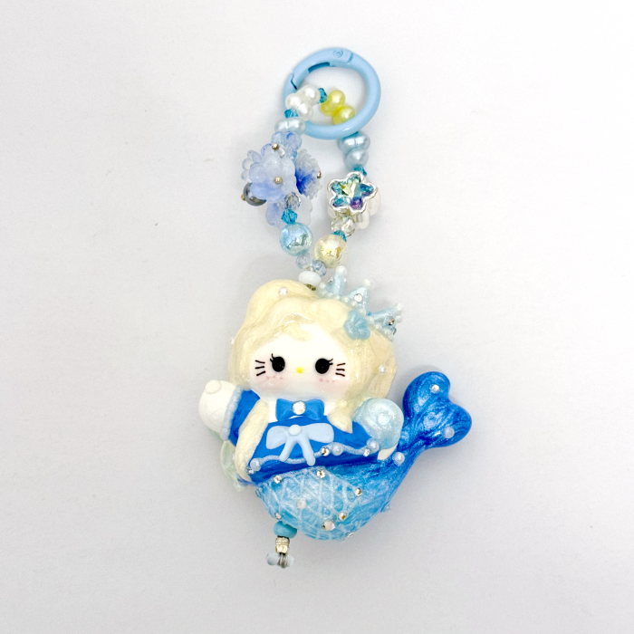 Hand Painted Doll Phone Charm-mermaid  kitty blue