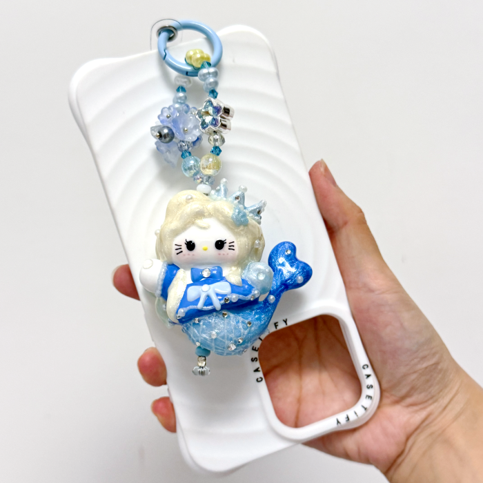 Hand Painted Doll Phone Charm-mermaid  kitty blue
