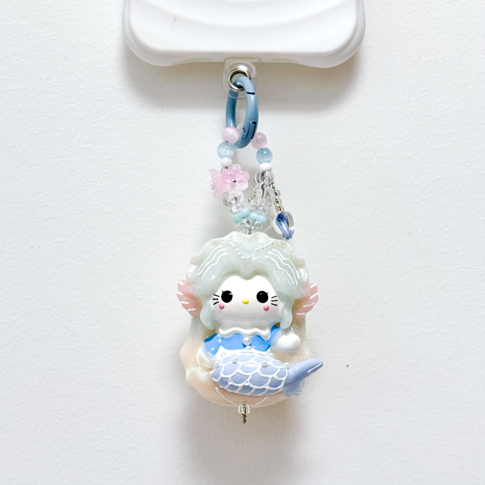 Hand Painted Doll Phone Charm-curly  hair  mermaid  kitty