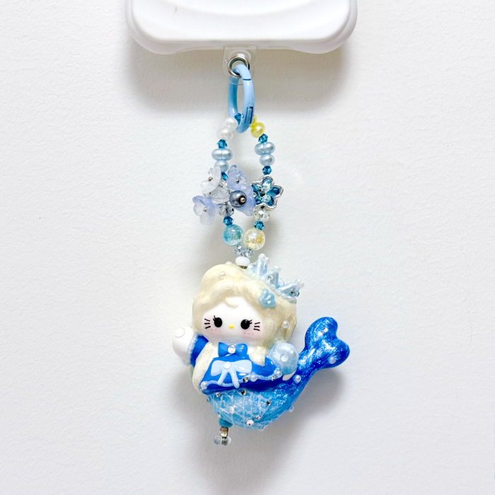 Hand Painted Doll Phone Charm-mermaid  kitty blue
