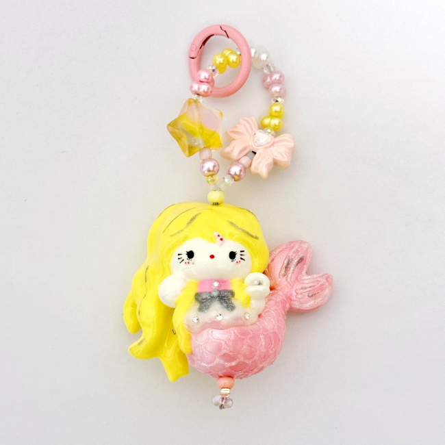 Hand Painted Doll Phone Charm-PINK MERMAID KITTY