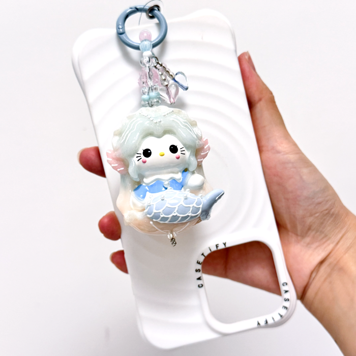 Hand Painted Doll Phone Charm-curly  hair  mermaid  kitty