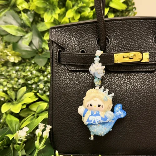 Hand Painted Doll Phone Charm-mermaid  kitty blue