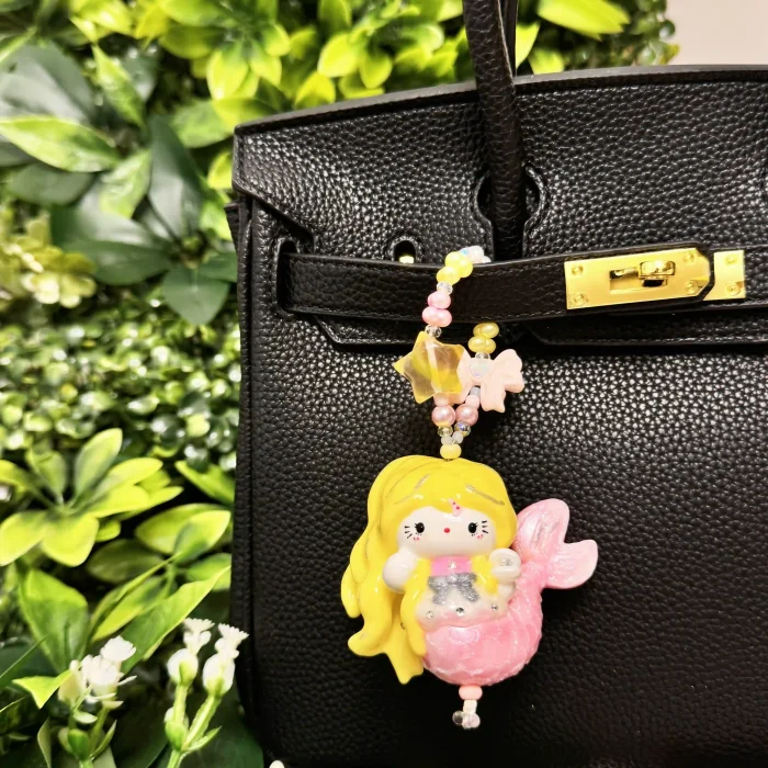 Hand Painted Doll Phone Charm-PINK MERMAID KITTY