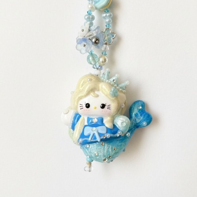 Hand Painted Doll Phone Charm-mermaid  kitty blue