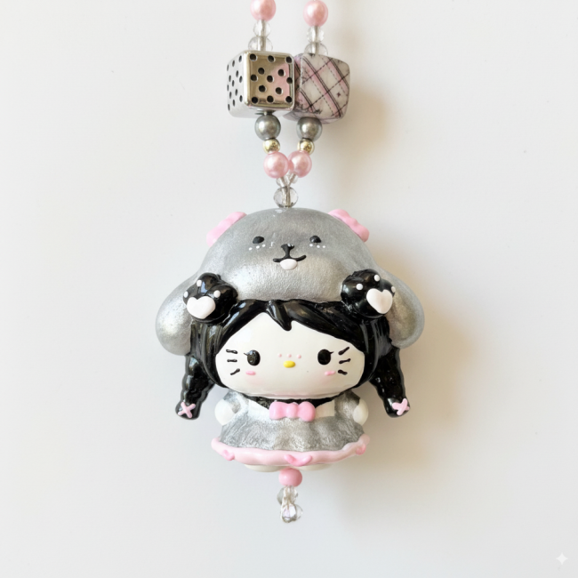 Hand Painted Doll BAG Charm-SILVER PUPPY KITTY