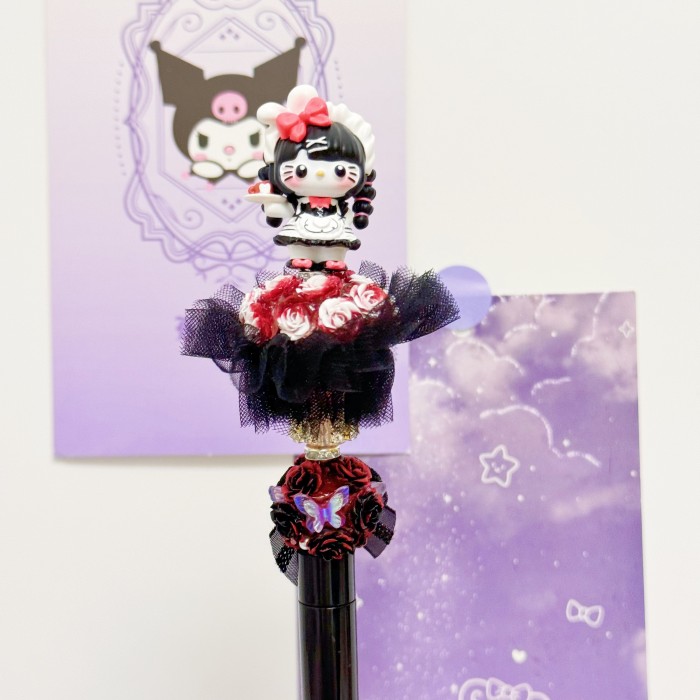 Beadable Ball Pen Red & Black Kitty