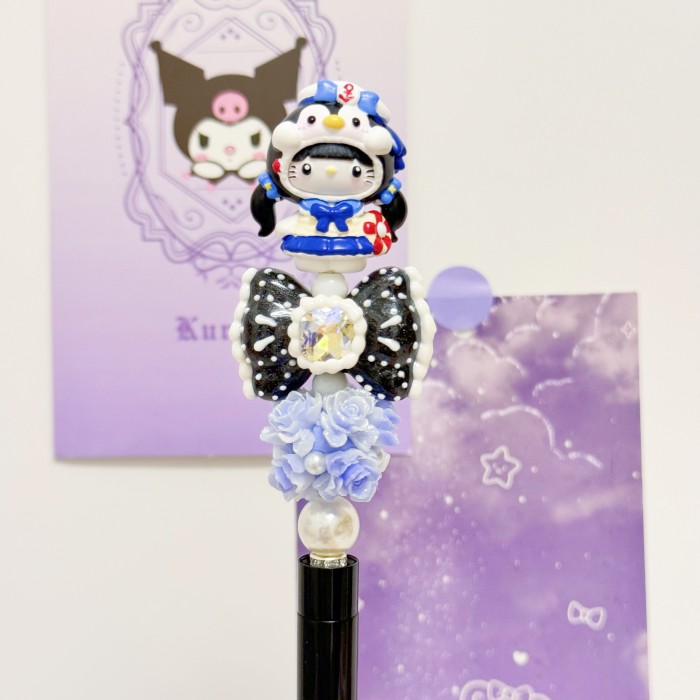 Beadable Ball Pen Blue & Black Kitty
