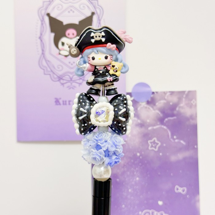 Beadable Ball Pen Blue & Black Kitty