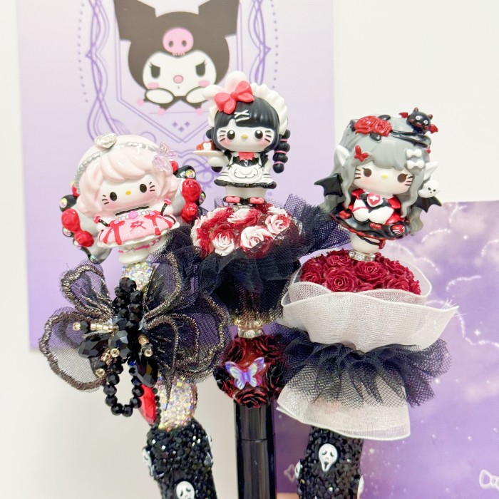 Beadable Ball Pen Red & Black Kitty