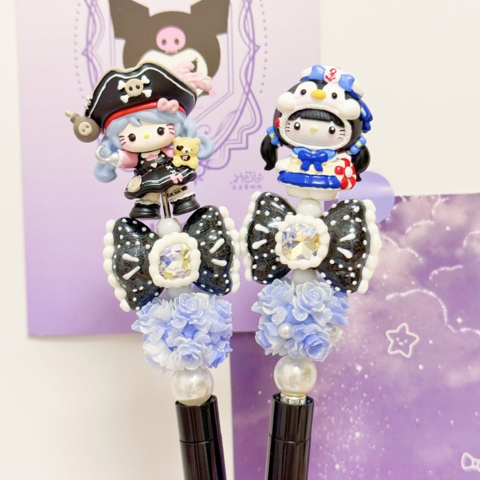 Beadable Ball Pen Blue & Black Kitty