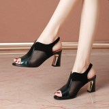 2023 Summer new Heeled Sandals women's chunky heel hollow mesh high heel women's sandals shoes soft leather