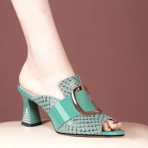 2023 women high heels Fish scale sandals new thick sole sandals sexy fish mouth green shoe sandals