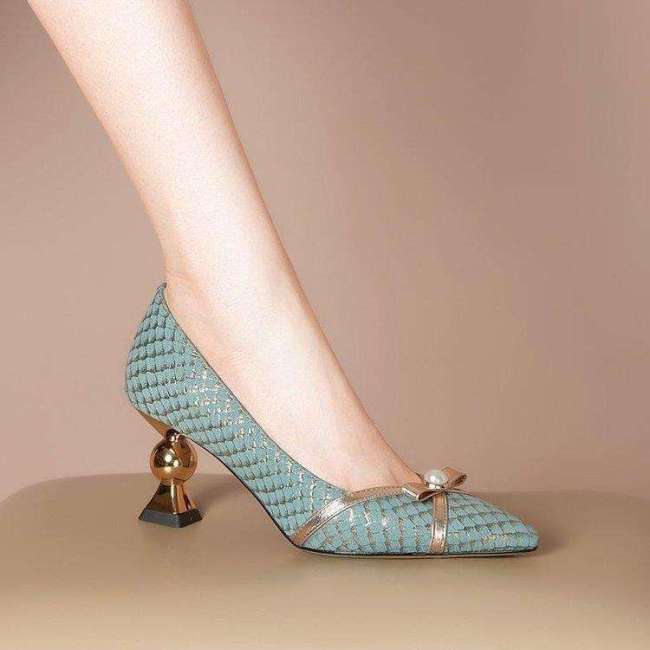 Women's green Sandals high heels abnormal shape heels 2023 New peep toe pearl bow back open shoes sandals chunky heel