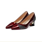 2023 Spring and Autumn new shallow mouth pointed toe mid heel plus size women's shoes casual patent leather horseshoe heel shoes