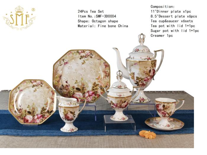 Retail Fast Delivery Patented 24 Pieces Embossed Floral Decal Fine Bone China Luxury Style Porcelain Gold Tableware Dinner Set