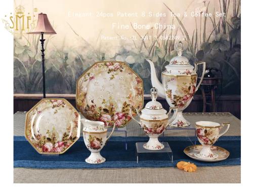 Retail Fast Delivery Patented 24 Pieces Embossed Floral Decal Fine Bone China Luxury Style Porcelain Gold Tableware Dinner Set