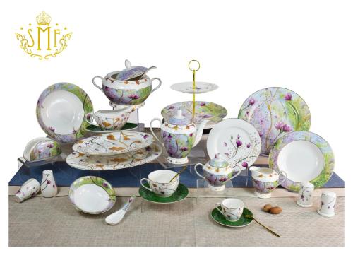 New Design Elegant Complete 24pcs 60pcs 72pcs Set 10.5' Ceramic Dinner Plate Set with Beads Trim Dessert Cake Plate Dish with Gift Box