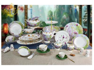 New Design Elegant Complete 24pcs 60pcs 72pcs Set 10.5' Ceramic Dinner Plate Set with Beads Trim Dessert Cake Plate Dish with Gift Box