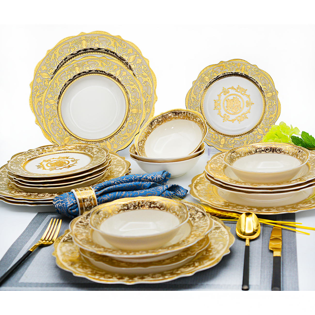 Luxury Fine Bone 45pc Dinnerware Set, Gold Trim - Otantik Imports