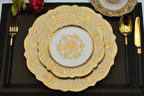 24pcs Embossed gold porcelain tableware set luxury style bone china dinner sets
