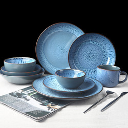 OEM Antique Crockery Rustic Stone Dinner Sets Matte Color Green Blue Black Reactive Glazed Ceramic Stoneware Dinnerware Sets