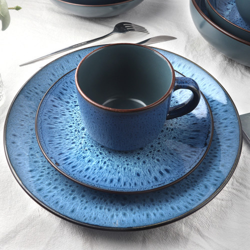 OEM Antique Crockery Rustic Stone Dinner Sets Matte Color Green Blue Black Reactive Glazed Ceramic Stoneware Dinnerware Sets